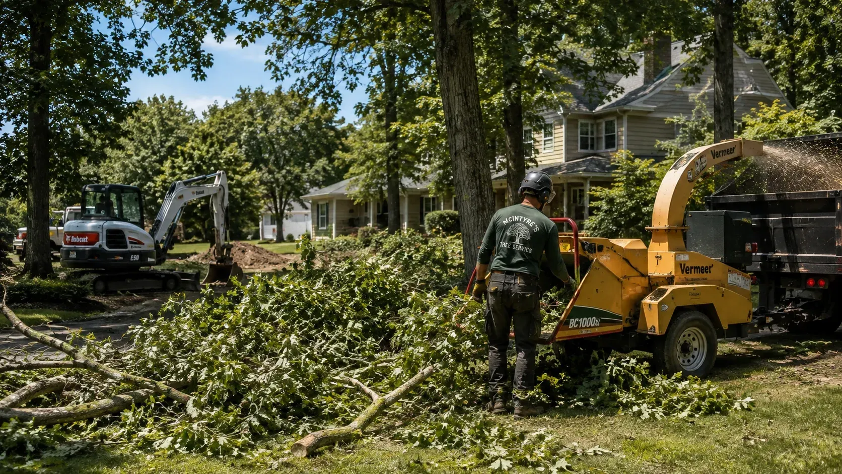 Tree service crew using a wood chipper and excavator, showing what tree services do on a property.