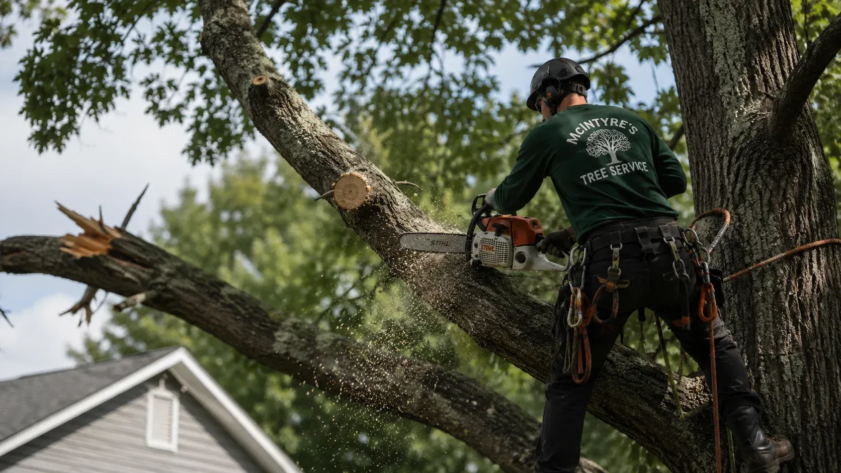 Arborist using a pole saw on a branch, evaluating is your Montrose tree asking for a trim.