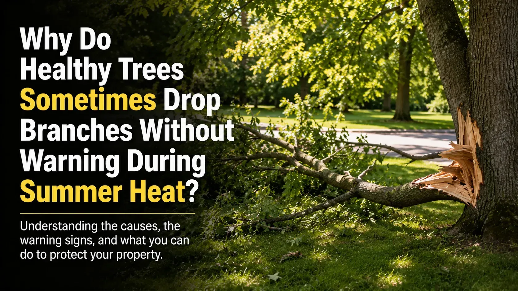 A split branch hanging from a large tree on a lawn, illustrating how healthy trees sometimes drop branches without warning.
