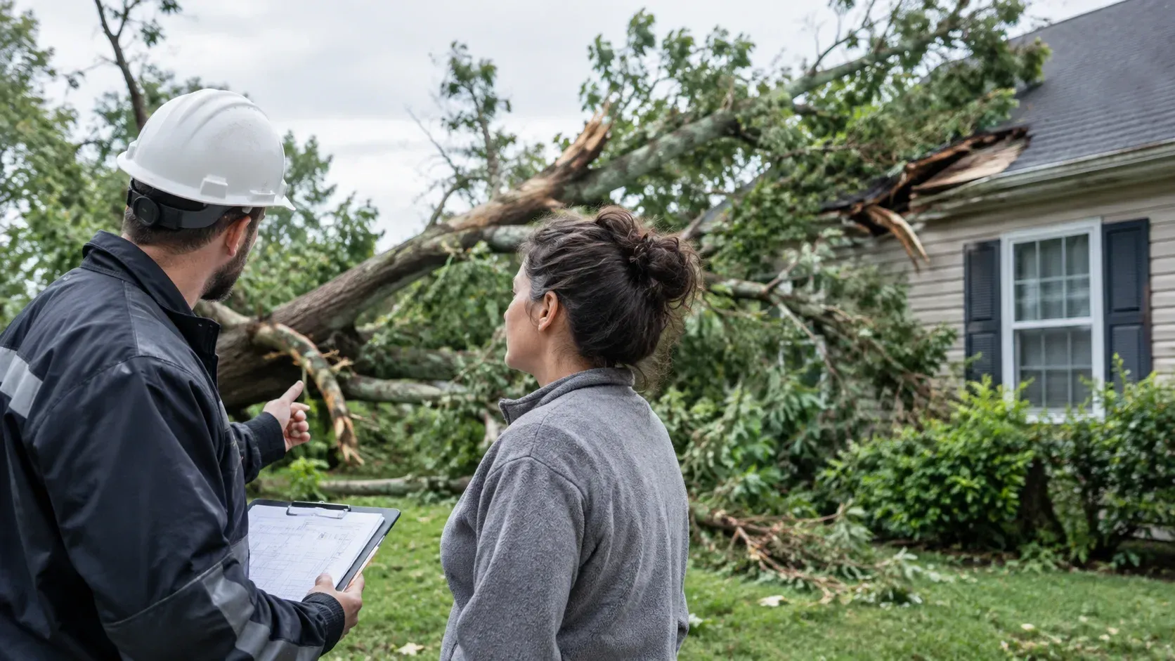 Tree care expert discussing storm damage and insurance coverage with a homeowner.