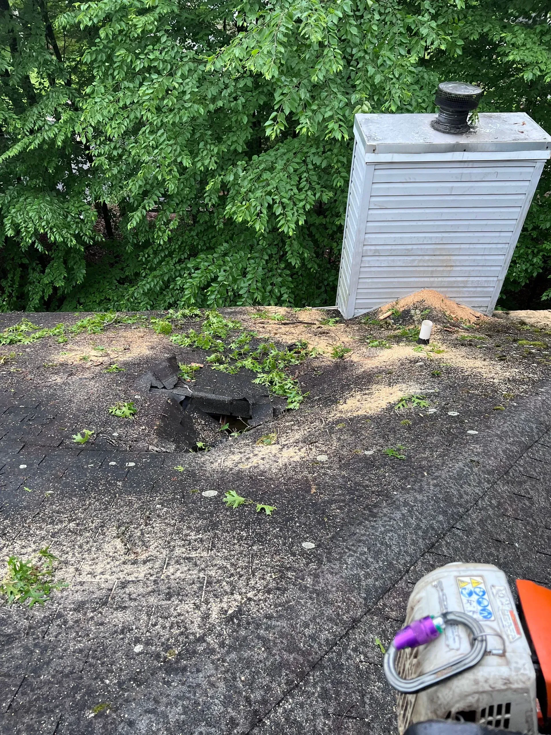 A person is using a chainsaw to remove a tree stump from a roof.