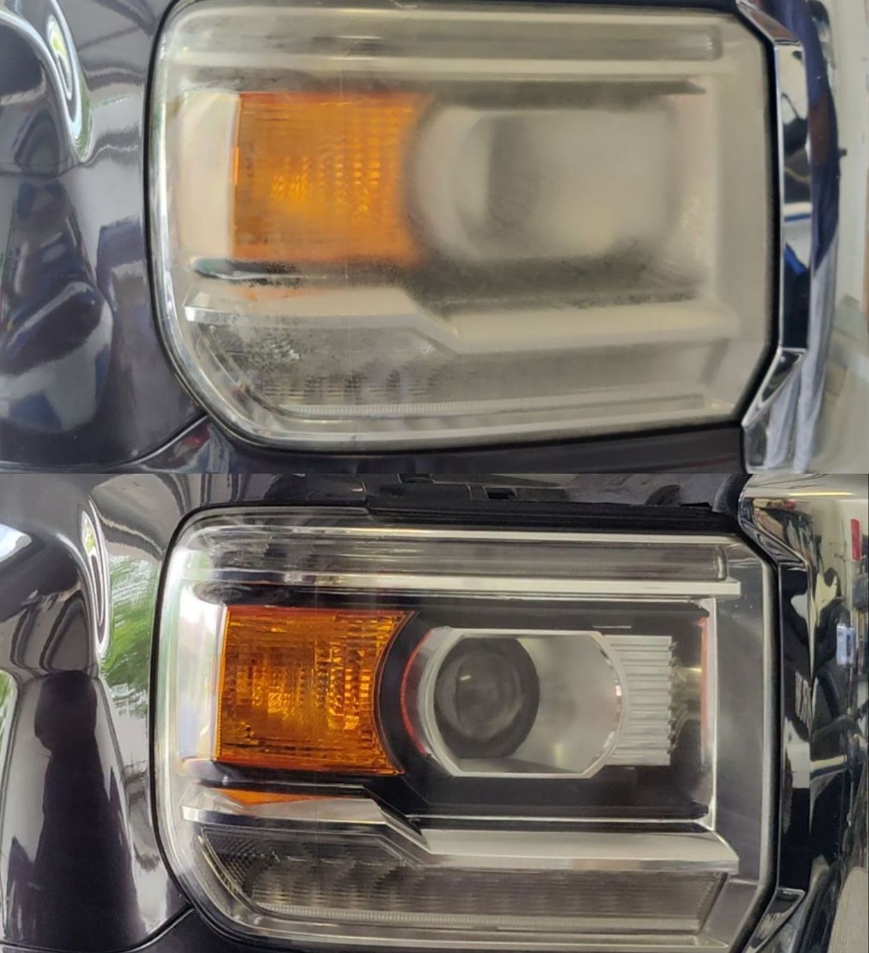 A close up of the headlights of a truck.