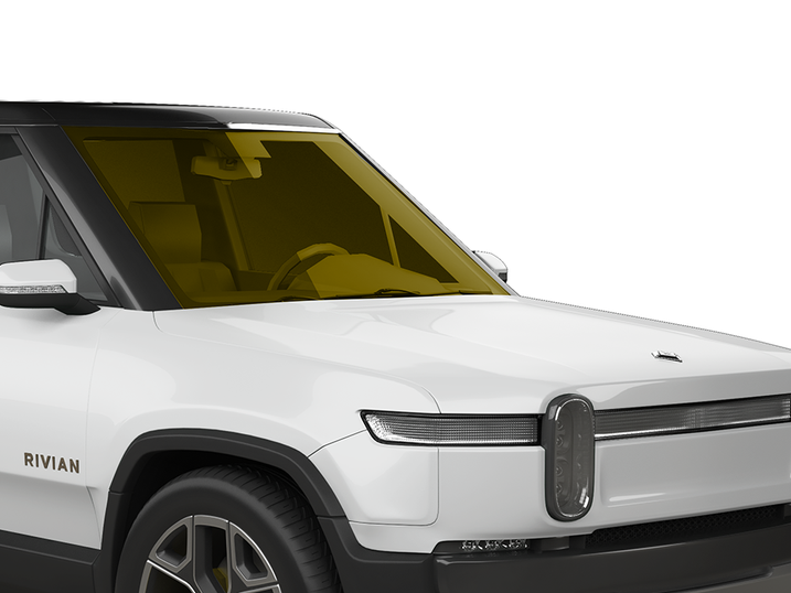 A white car with a yellow windshield is on a white background.