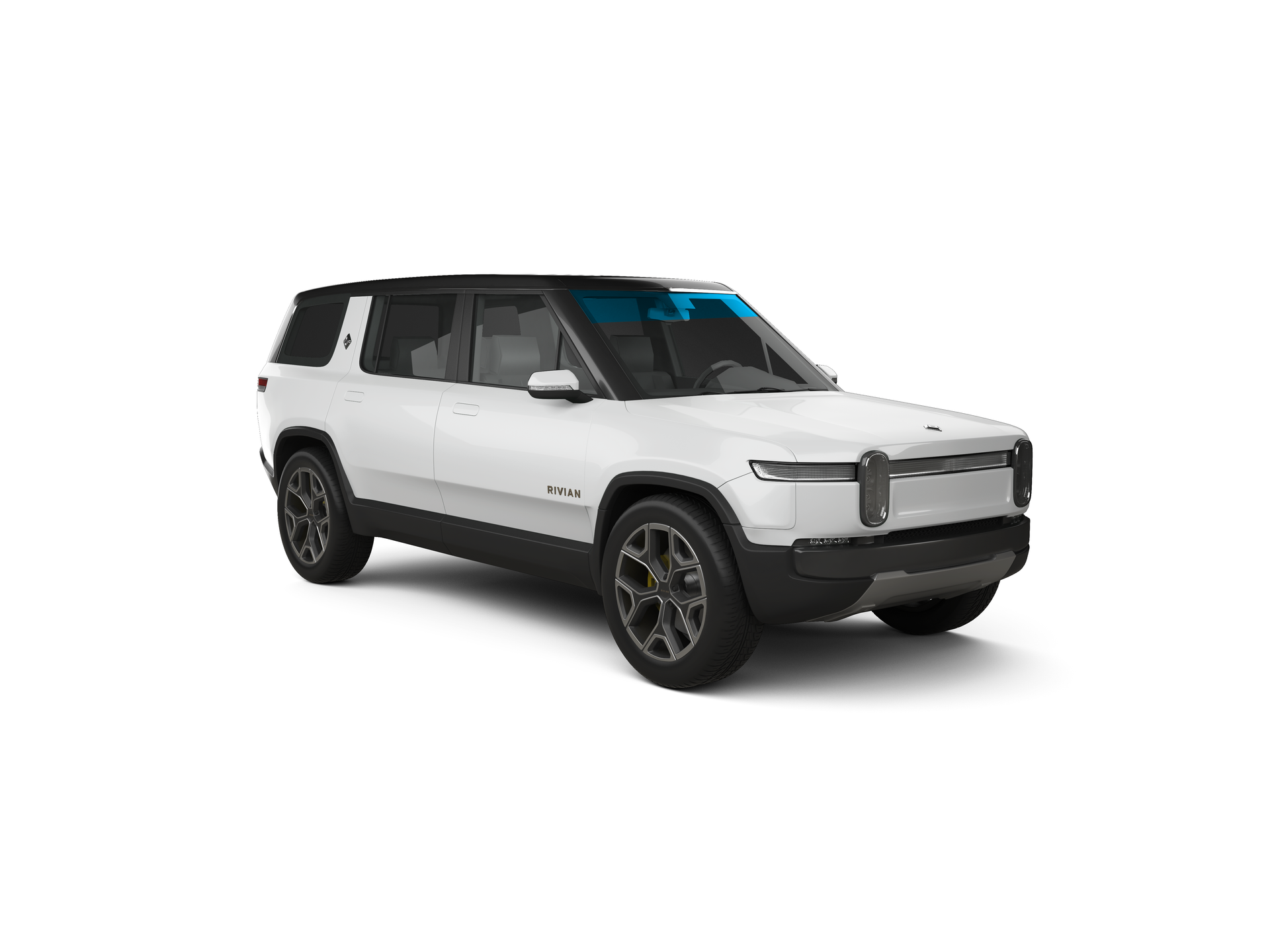 White Rivian R1S electric SUV with black trim, angled forward.
