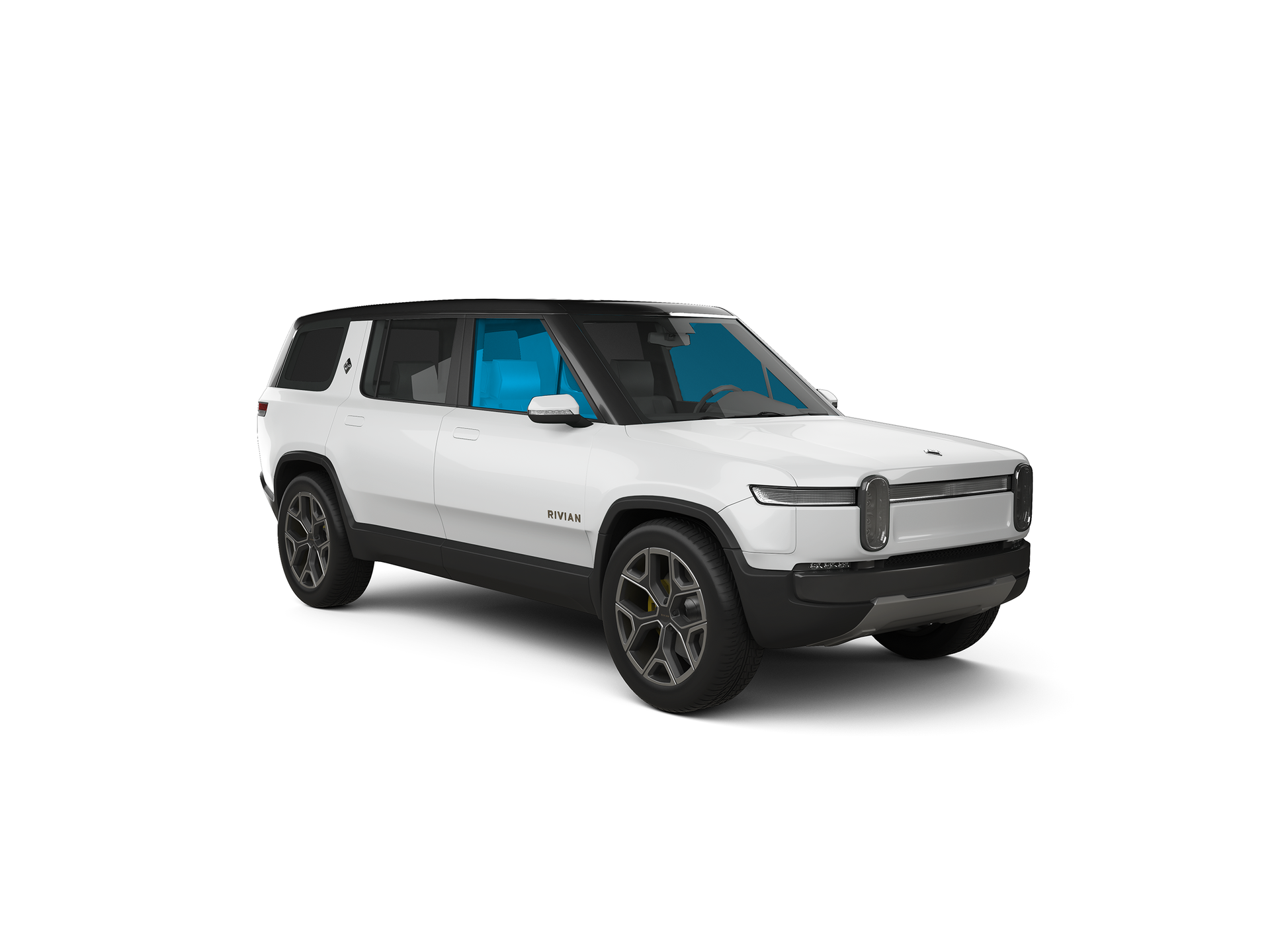 White Rivian R1S SUV with black accents on a white background.
