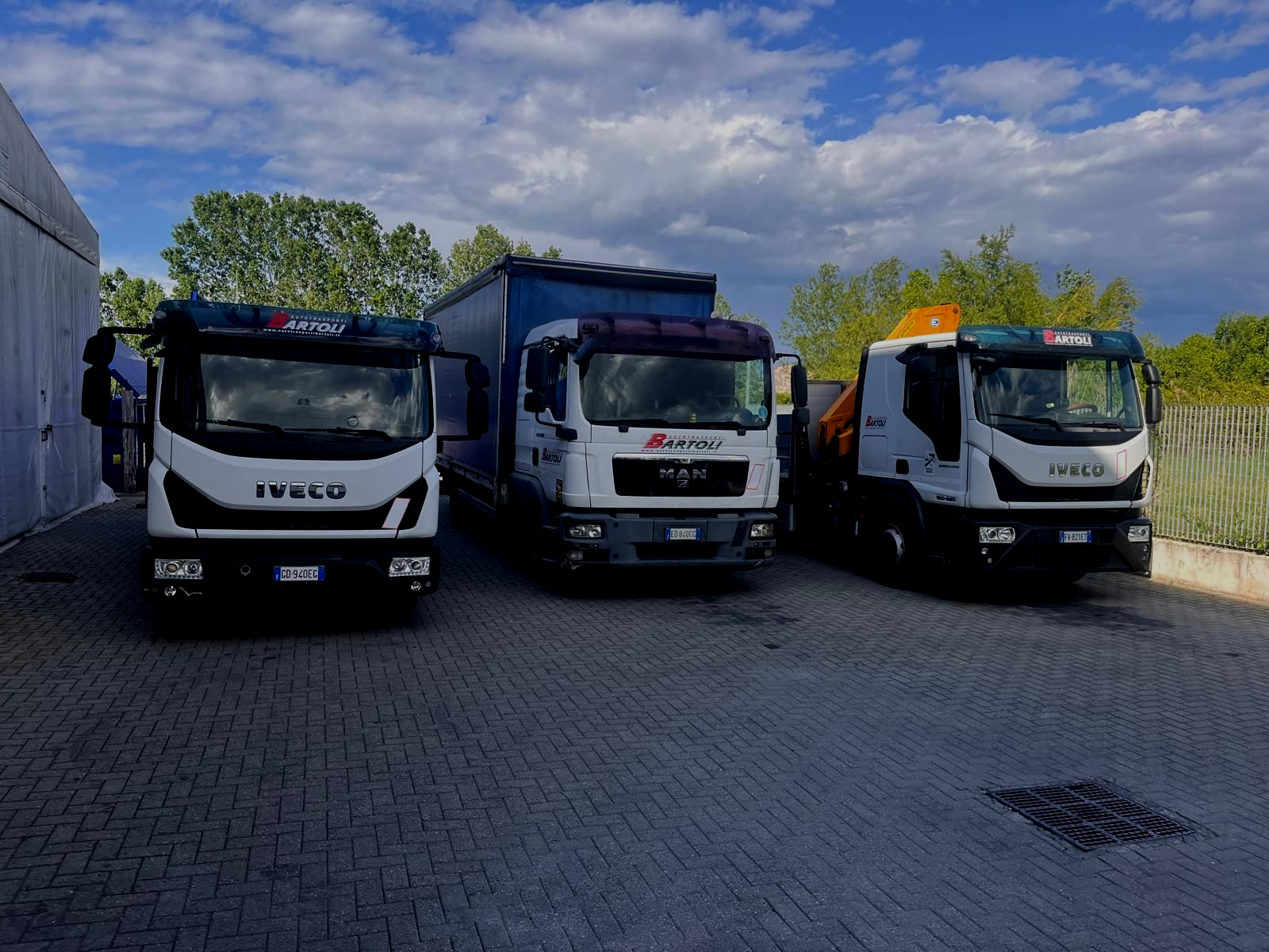 Tre camion Iveco parcheggiati in un piazzale, uno bianco e uno grigio, con alberi e cielo sullo sfondo.