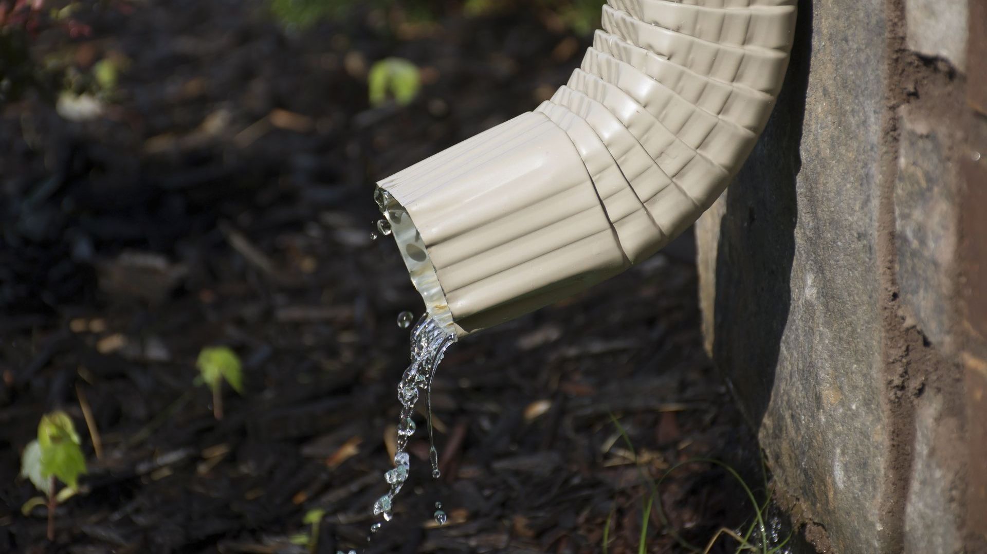 Water is pouring out of a drainpipe on a brick wall.