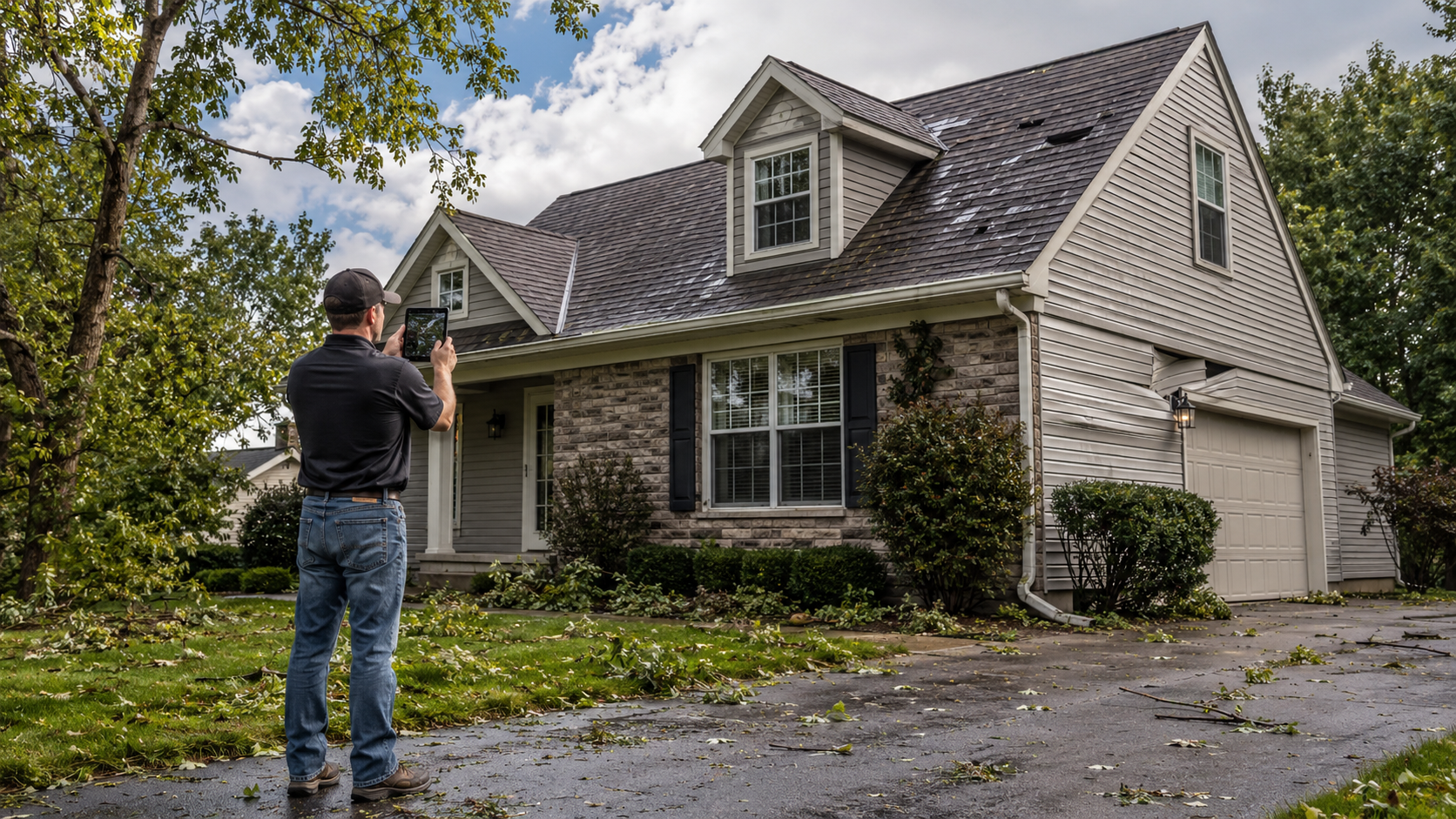 Exterior restoration contractor documenting hail and wind damage on a Midwestern home