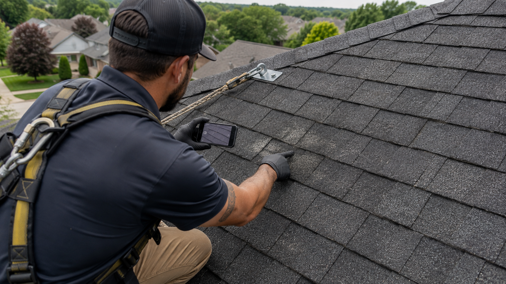 Roofing contractor documenting hail damage and granule loss on asphalt shingles during a professional roof inspection.