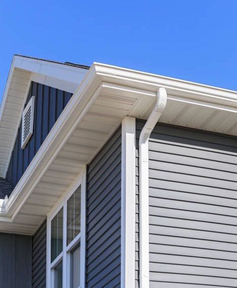 A gray house with a white gutter and a blue sky in the background.
