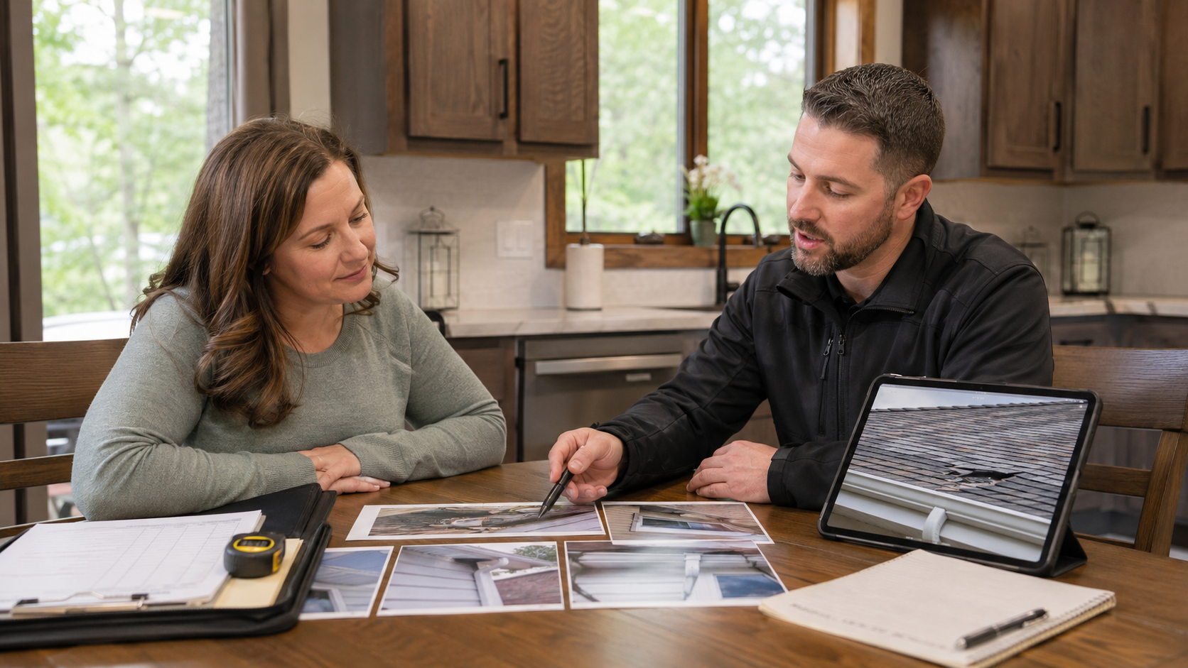 Homeowner reviewing storm damage photos and roof inspection findings with an exterior restoration contractor at home.