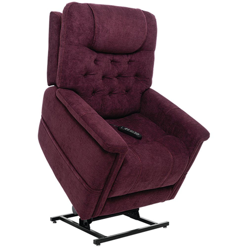 A purple recliner with a remote control on it