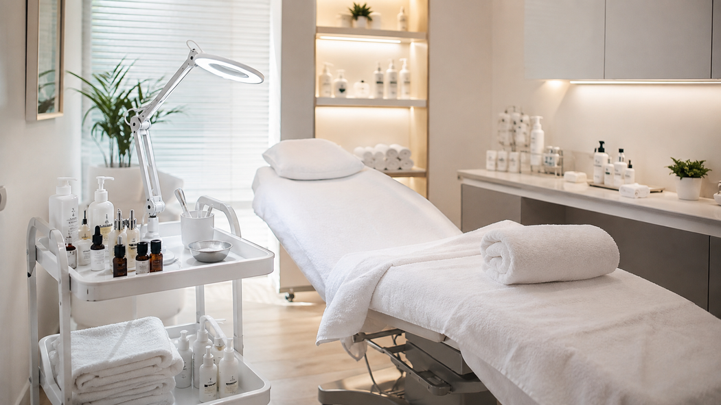 Luminosa sala per trattamenti spa con lettino da massaggio, asciugamani bianchi, mensole e prodotti di bellezza.