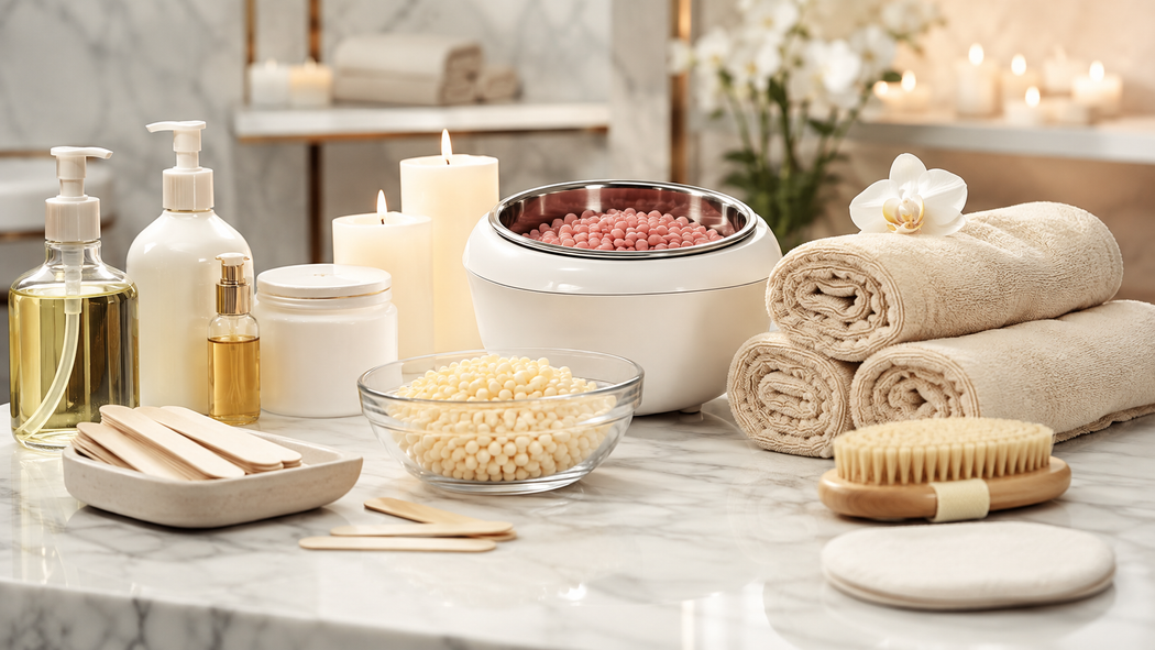 Articoli da spa su un ripiano di marmo: flaconi, candele, spazzole, asciugamani e ciotole con sali da bagno e spugne.