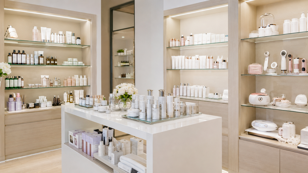 In una luminosa boutique, moderni scaffali bianchi espositivi presentano prodotti per la cura della pelle e articoli di bellezza.