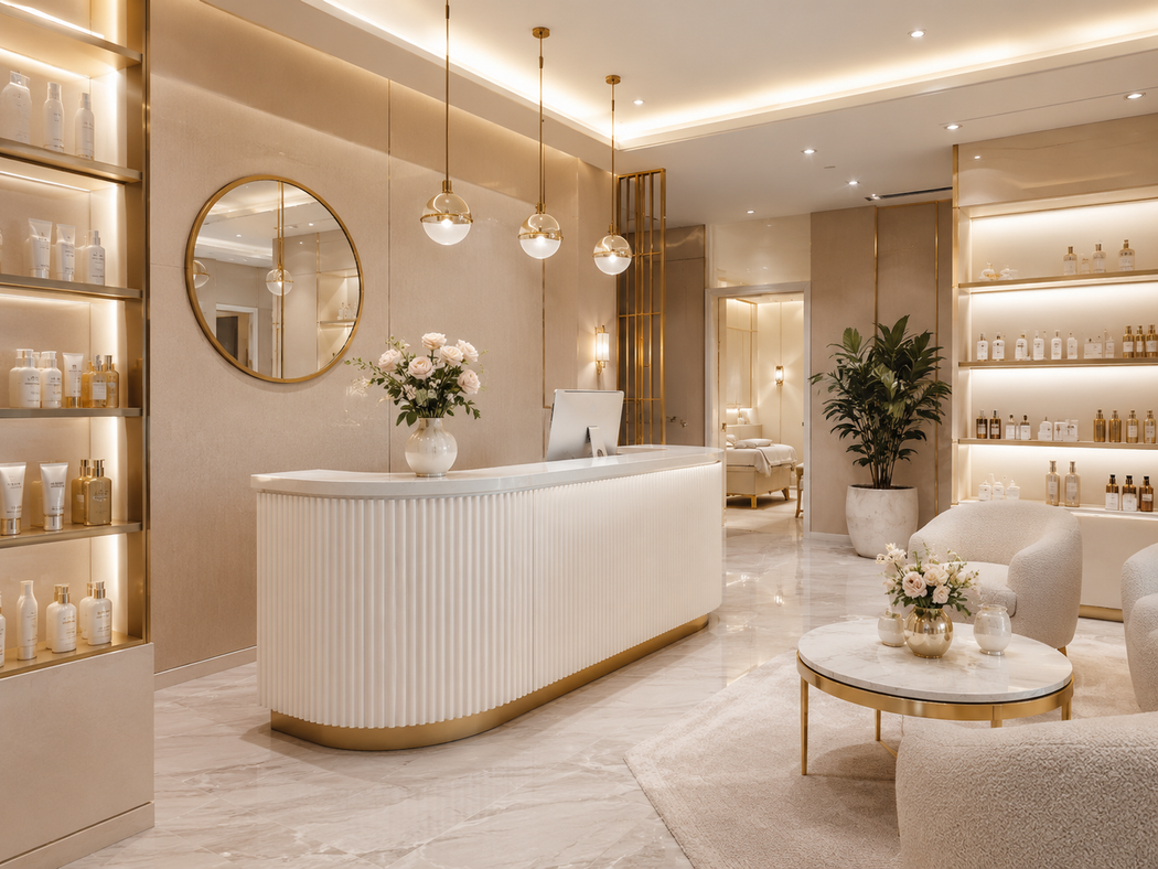 Elegante reception spa sui toni del crema con scrivania bianca curva, dettagli dorati, mensole e decorazioni floreali.