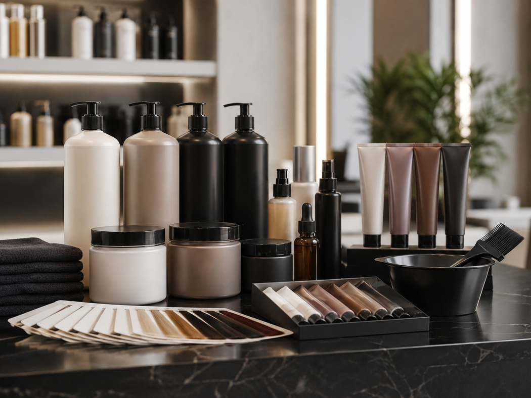Vari flaconi di trucco, pennelli e palette sono ordinatamente disposti su un tavolo da trucco.