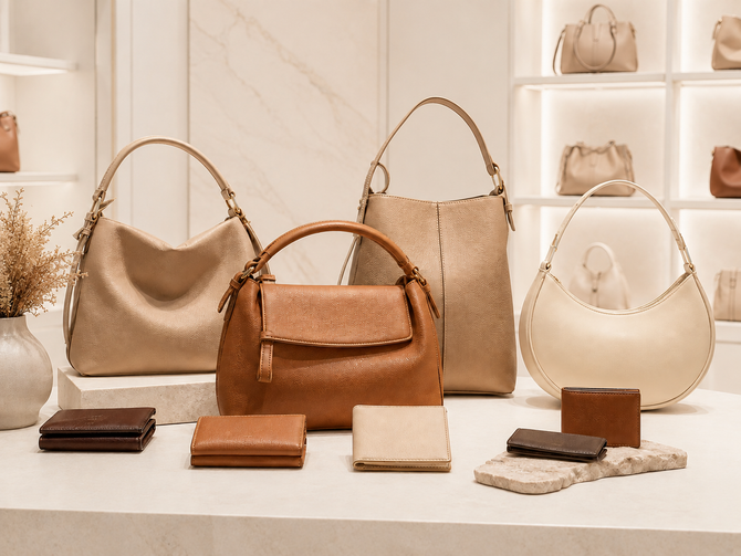 Borse e portafogli assortiti nei colori beige, marrone chiaro e bianco esposti su scaffali e un tavolo.