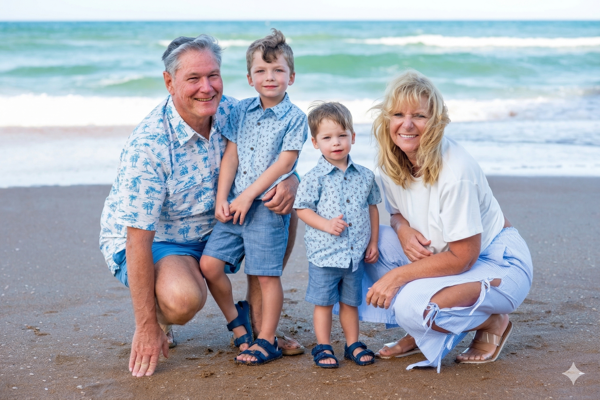 A couple and two young children pose on a sandy beach near the ocean, smiling at the camera.