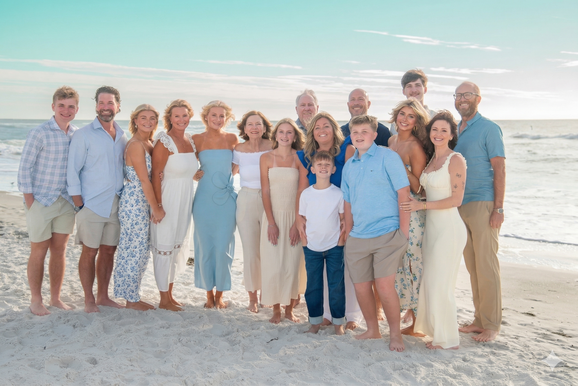 A large family group posing for a photograph together on a sandy beach during the daytime.