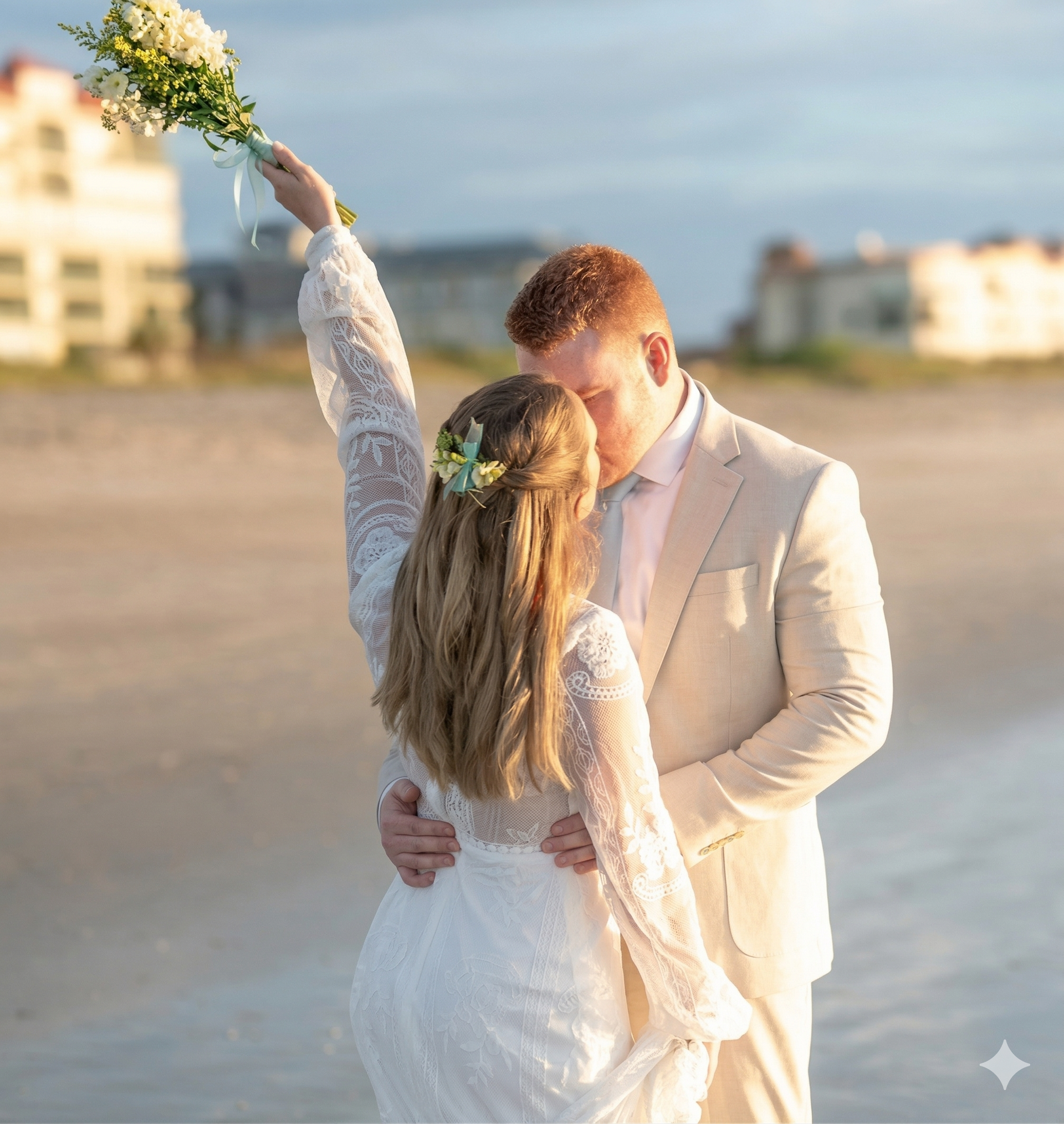 A bride in a white lace dress lifts her bouquet while kissing her partner in a beige suit on a sunny beach at sunset.