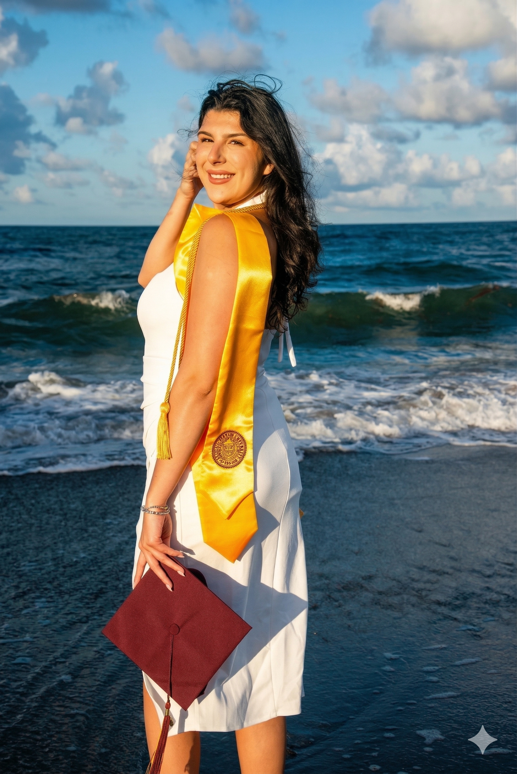 A graduate in a white dress and yellow stole smiles at the beach, holding a maroon graduation cap.