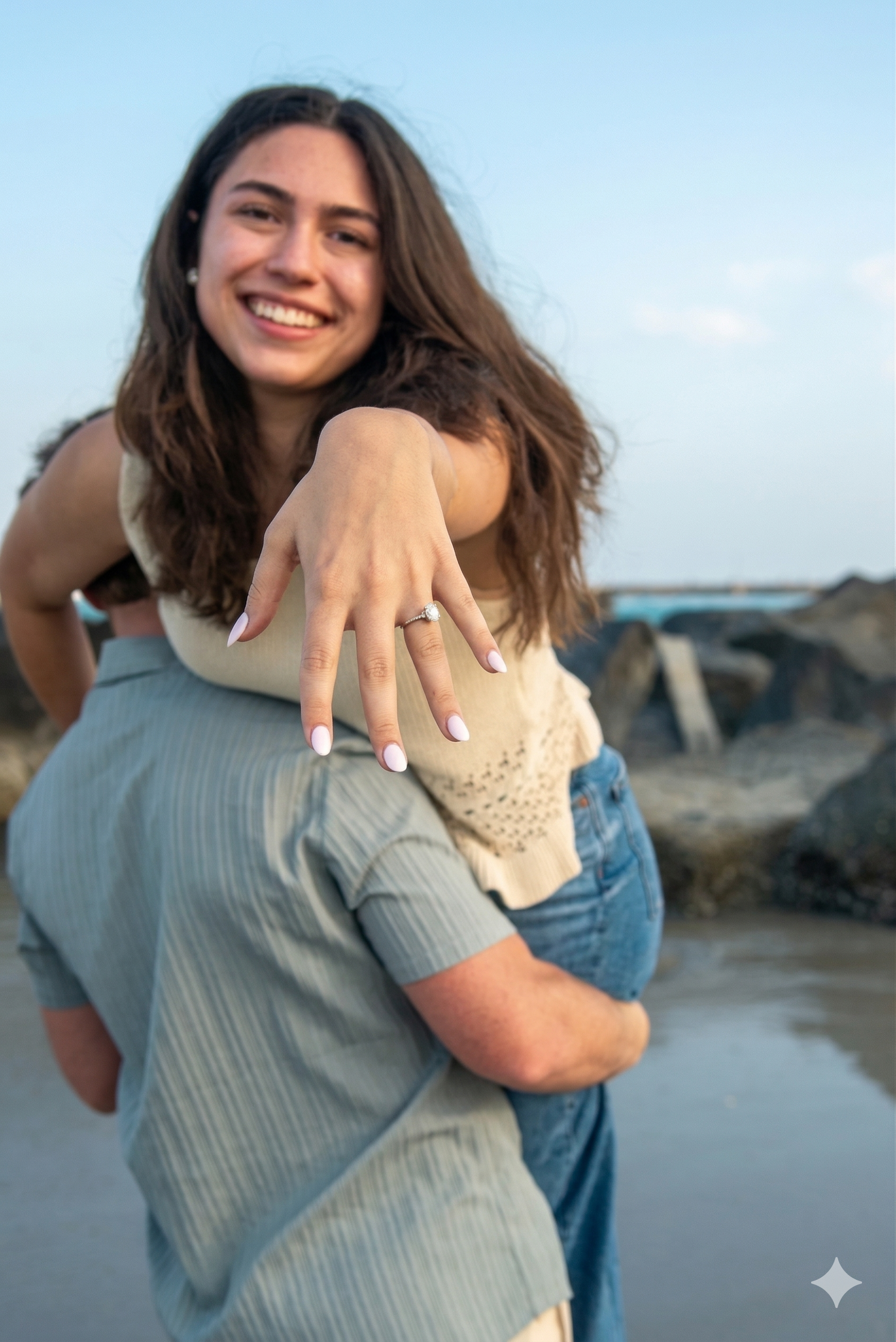 A person being held at the beach, smiling and holding up their hand to display an engagement ring.