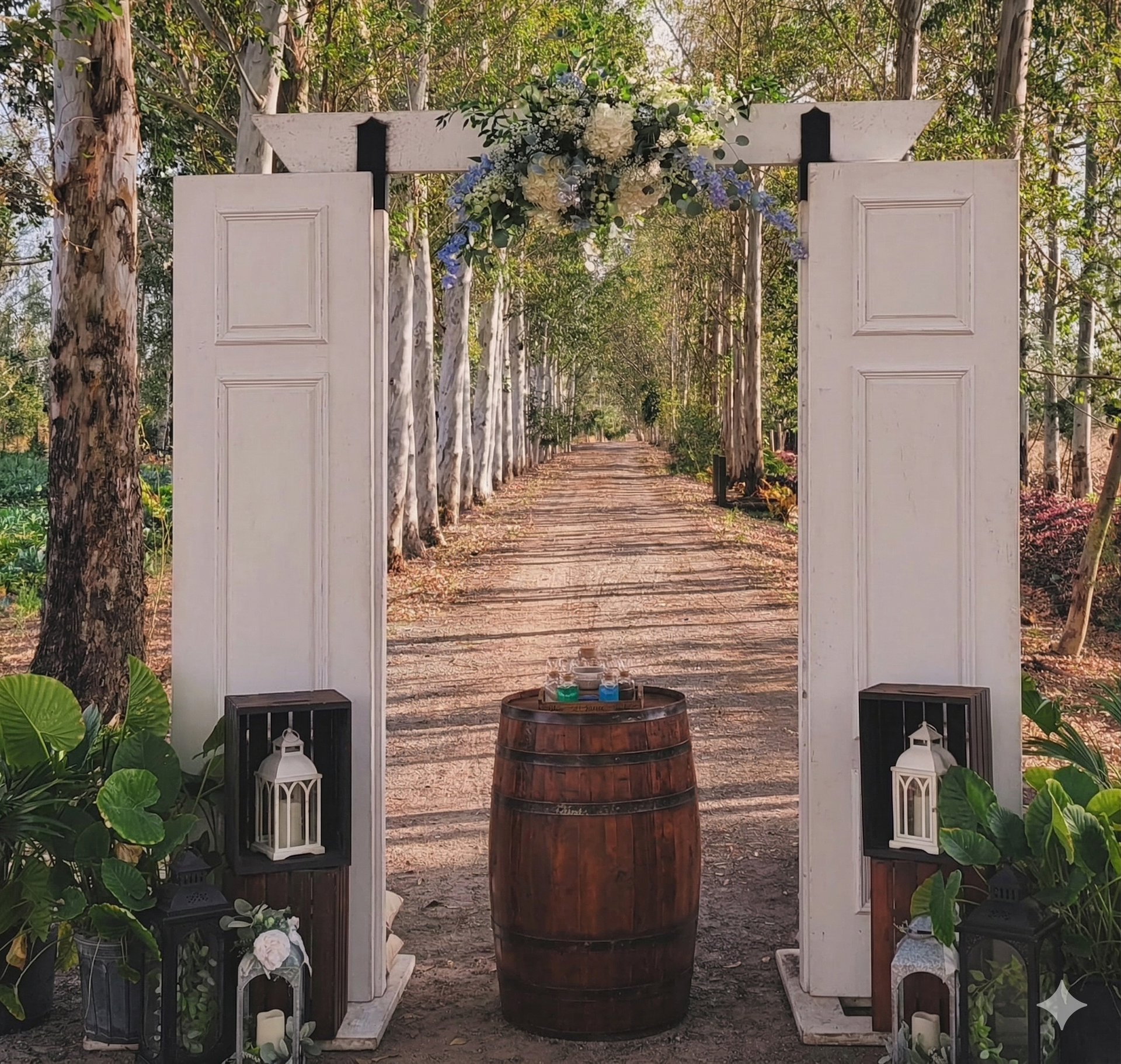 A rustic outdoor wedding archway made of two white doors, adorned with flowers, standing over a path with a wooden barrel.