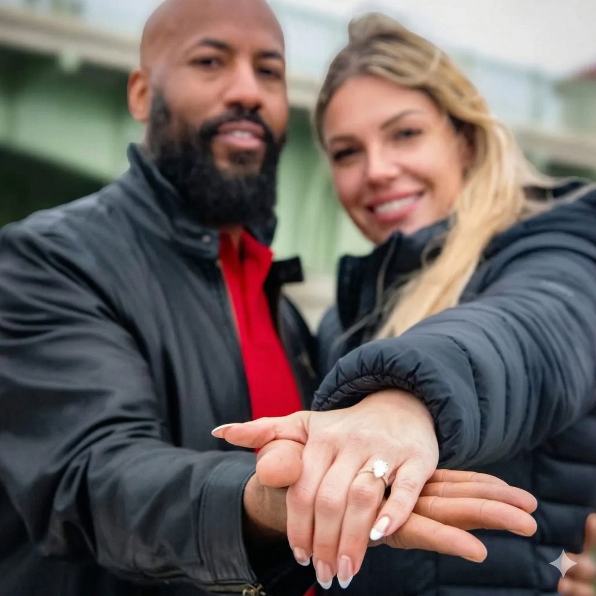 A smiling couple posing outdoors, with one person holding out their hand to display an engagement ring.