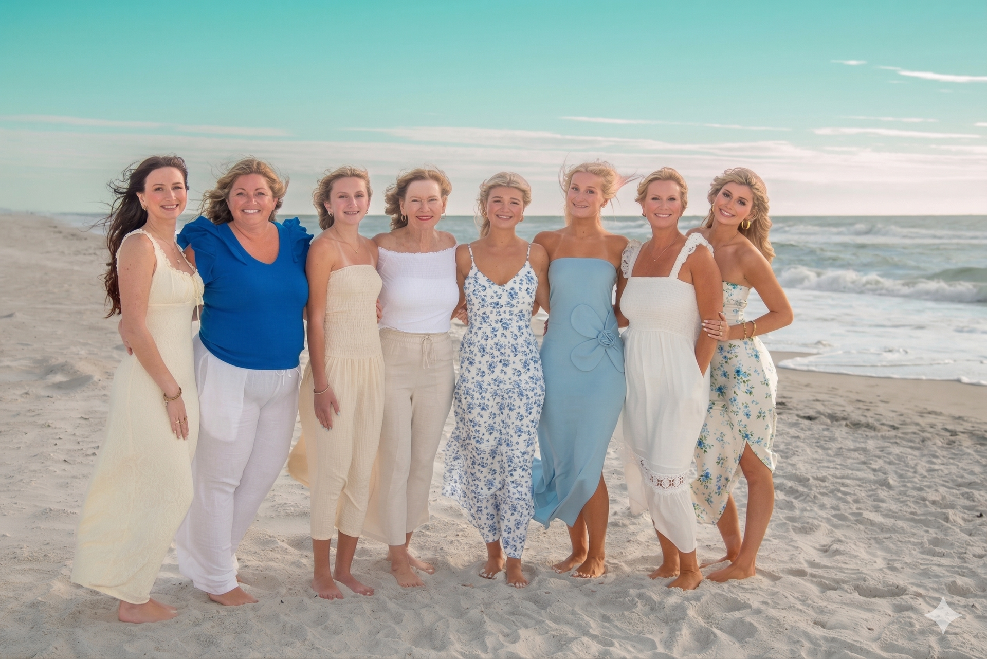 Eight people standing in a row on a sunny beach, smiling and looking toward the camera against an ocean backdrop.
