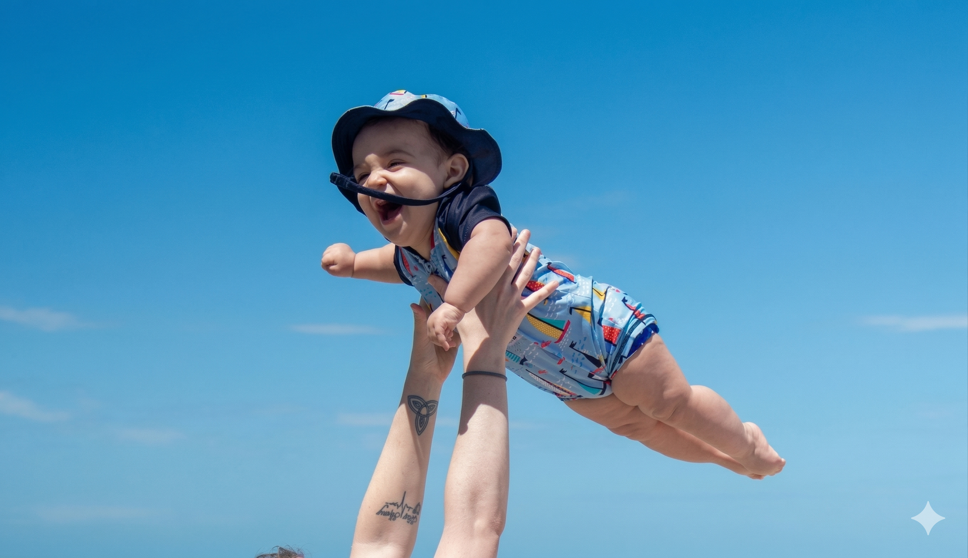 A person holds a laughing infant high in the air against a clear blue sky.