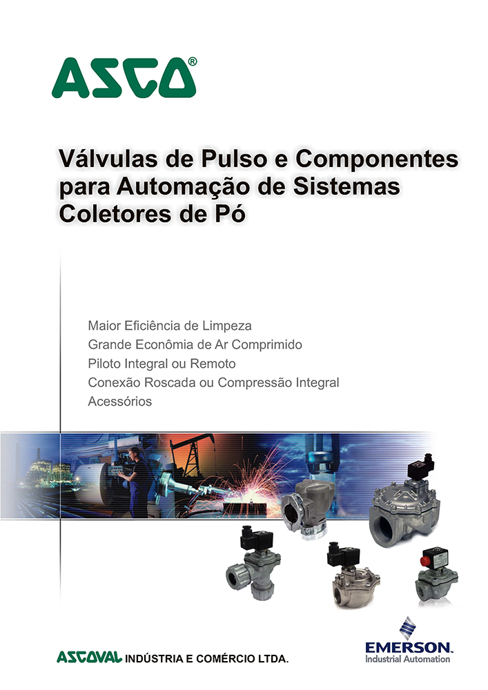 Capa da Asco sobre válvulas de pulso e componentes para automação de sistemas coletores de pó, com fotos de válvulas.