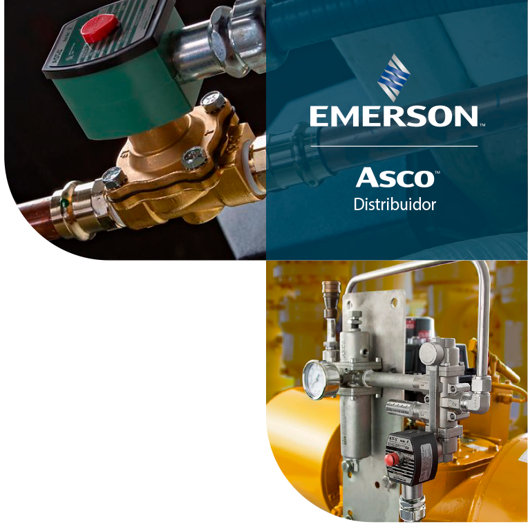 Anúncio da Emerson Asco Distributor com válvulas industriais e tubulação amarela em fundo azul e branco.