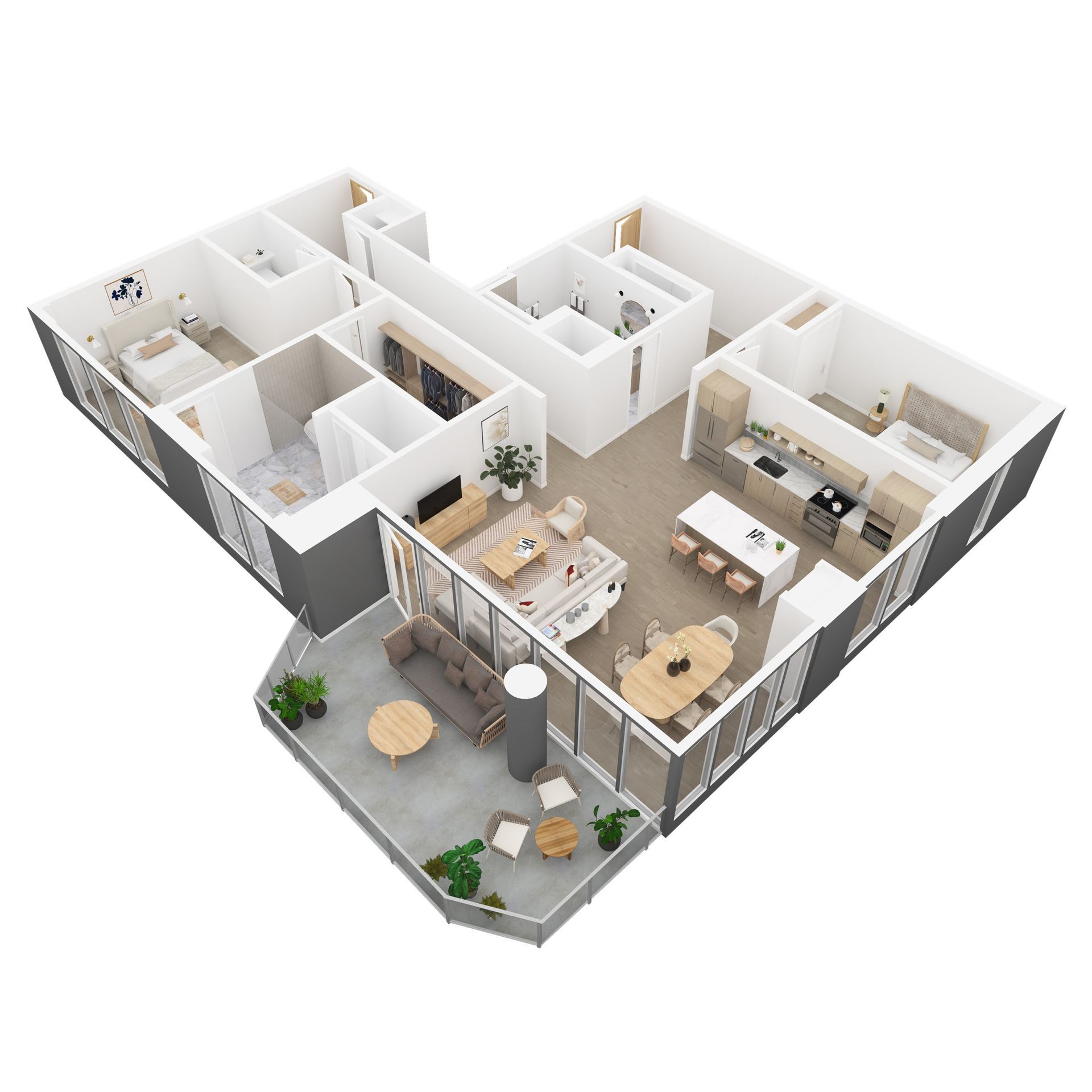 3D floor plan of a modern apartment interior with living, kitchen, bedrooms, and balcony areas