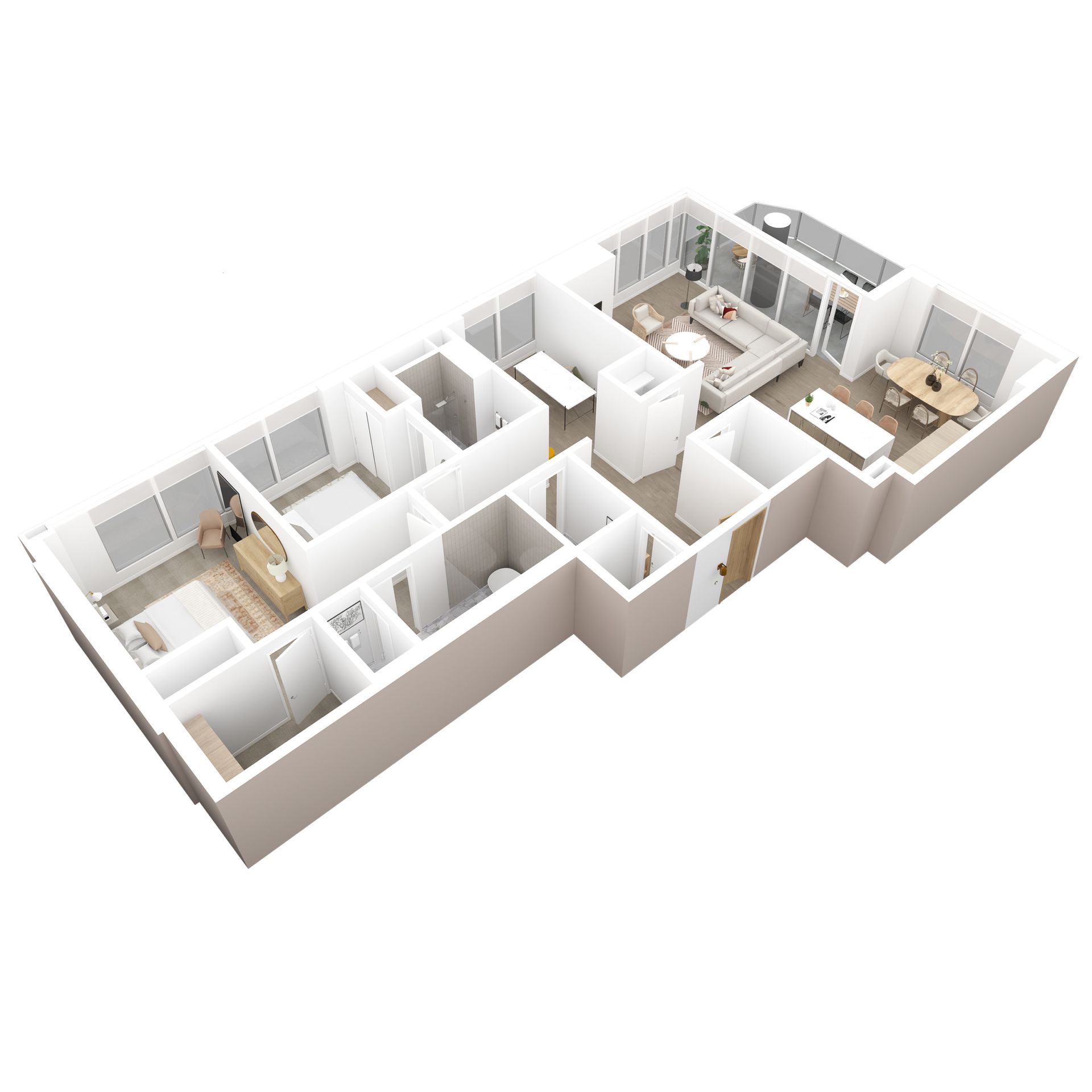 3D floor plan of a modern apartment with multiple rooms, white walls, wood floors, and furnished living spaces