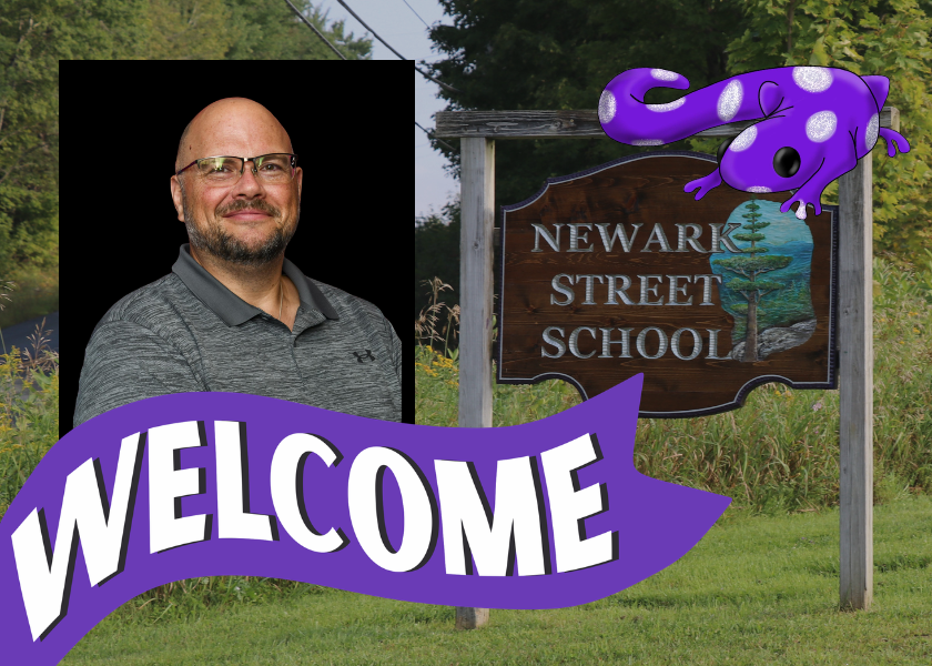 Welcome banner with Principal Simpson portrait and a Newton Street School sign outdoors