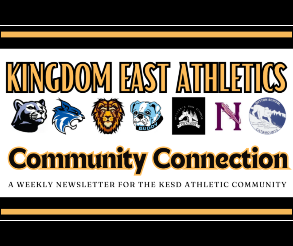 Kingdom East Athletics Community Connection newsletter banner with team logos on black, gold, and white background