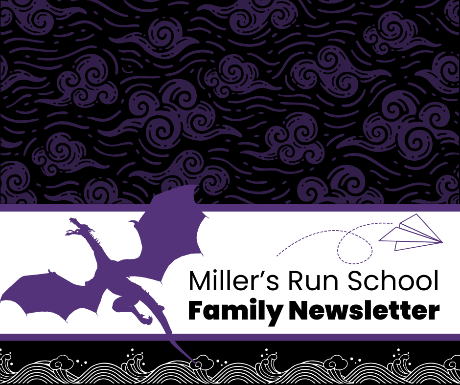 Miller’s Run School Family Newsletter with purple dragon silhouette and patterned purple-and-black background