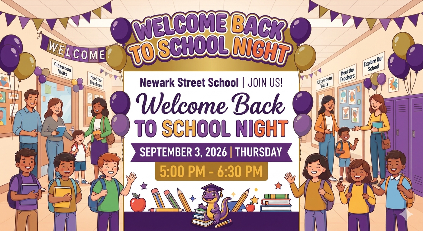 Welcome Back to School Night flyer with purple balloons, smiling students, and event details on a pastel background