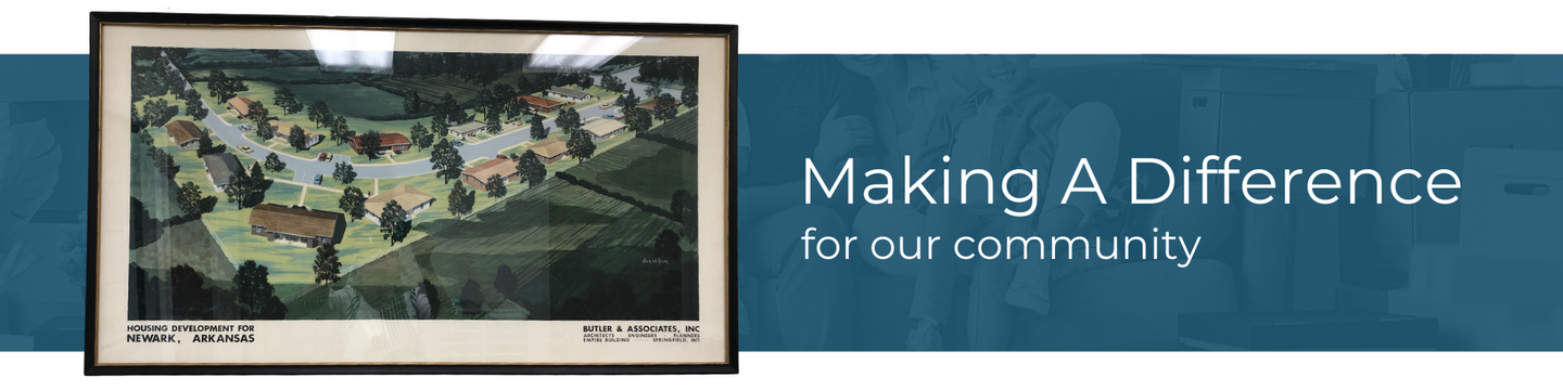 Banner reading “Making a Difference for our community” beside a framed aerial neighborhood map.