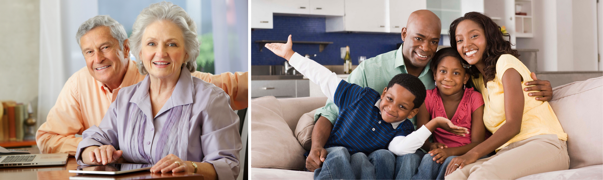 Two side-by-side family photos: an older couple smiling indoors and a family of four posing on a couch.