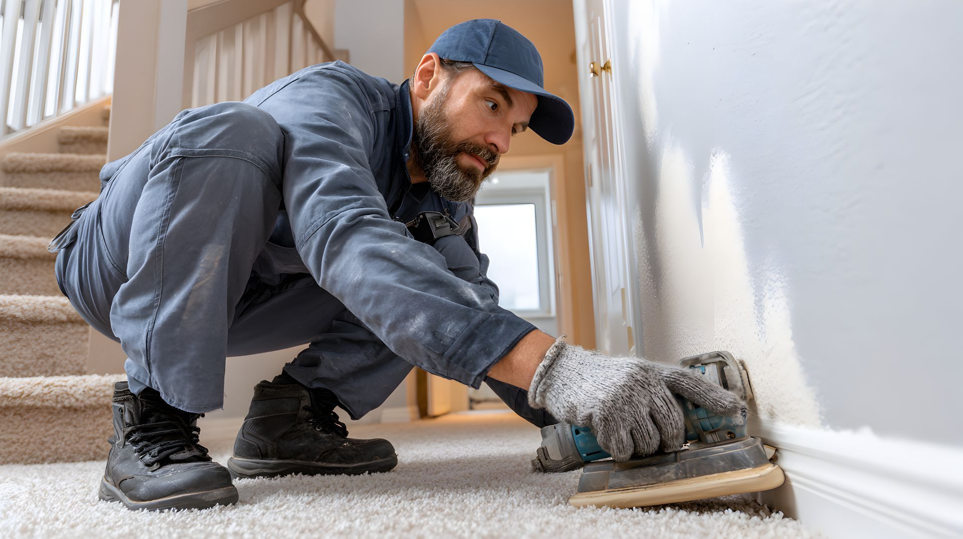 Worker crouching to spread adhesive on a carpeted floor beside a wall and staircase