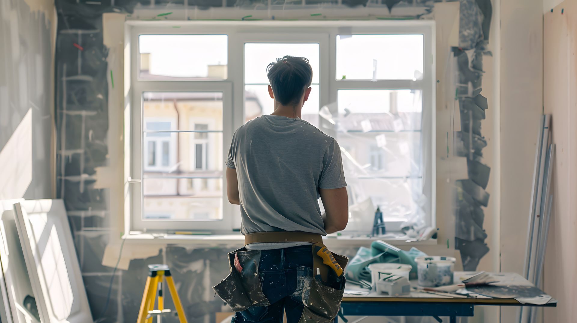 Person painting a room with a window opening, using a ladder and tools, with renovation materials nearby
