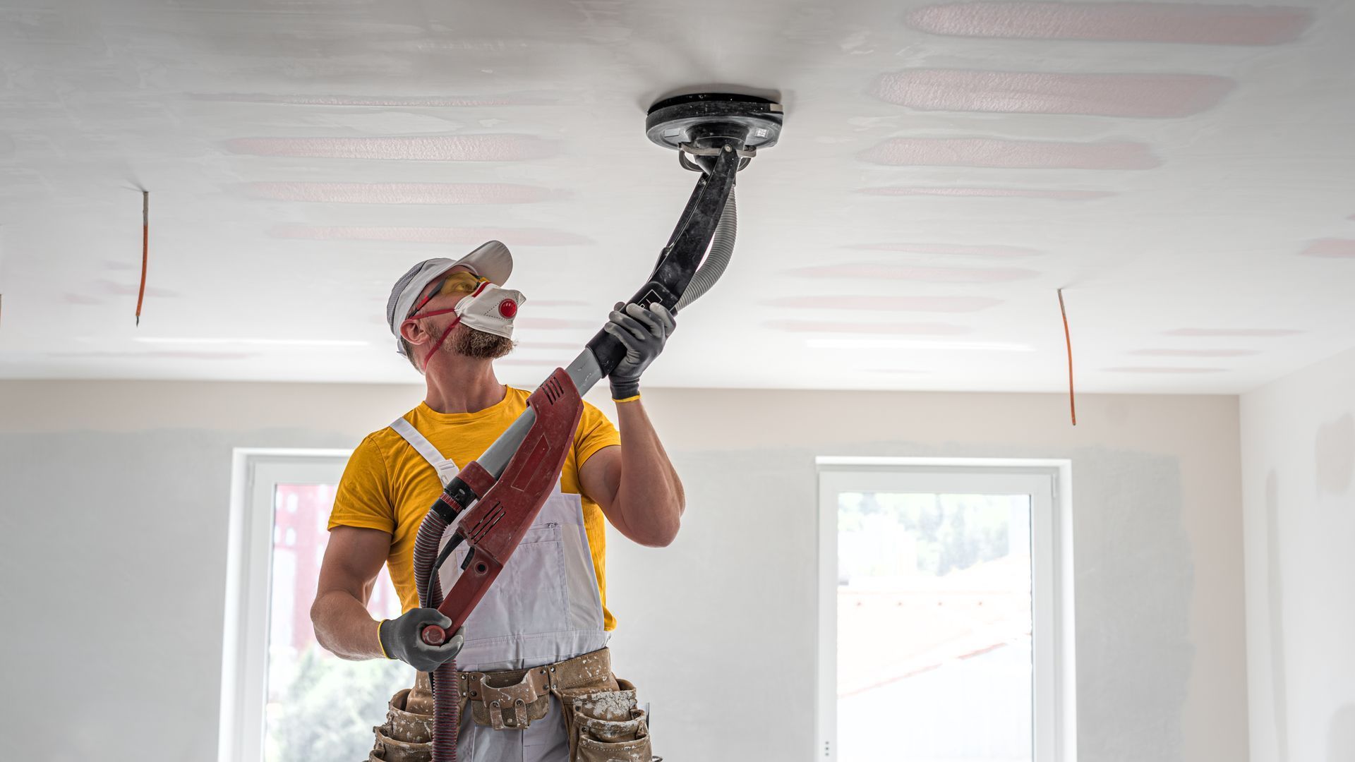 Worker sanding a ceiling with a pole sander in a bright room under renovation