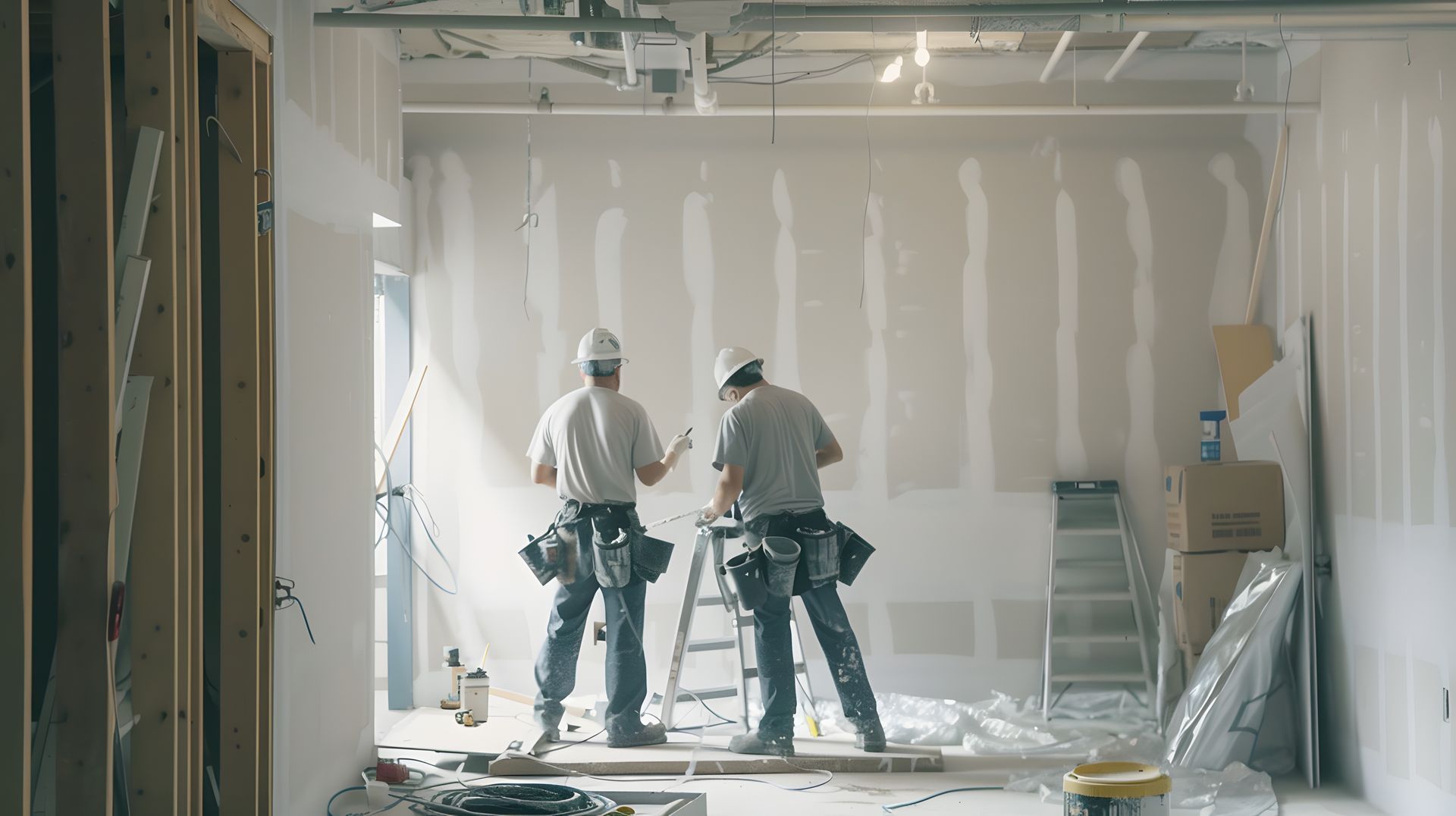 Two workers in hard hats drywalling a room under renovation, with tools and materials scattered around.