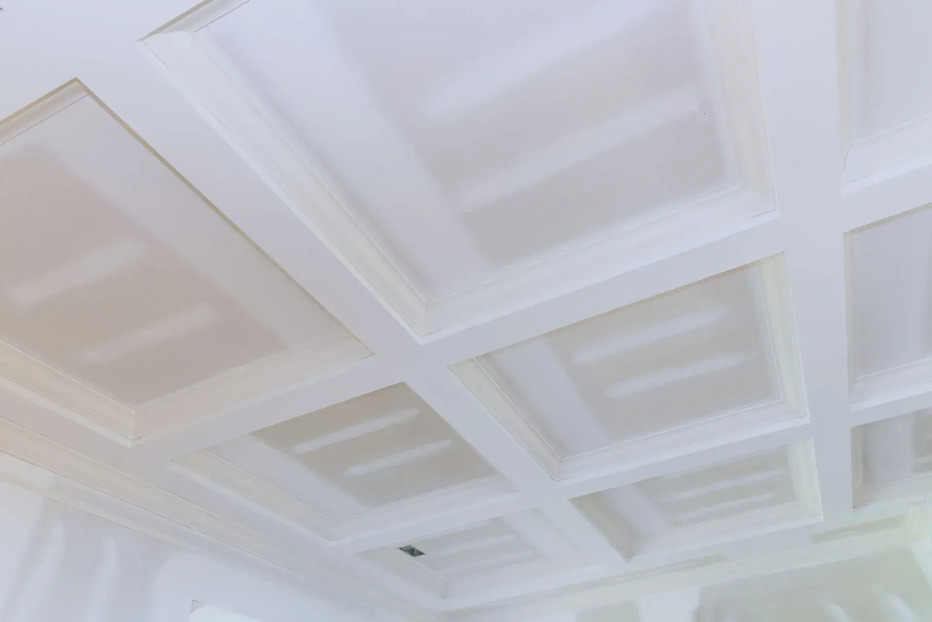 White coffered ceiling with recessed square panels and subtle molding details