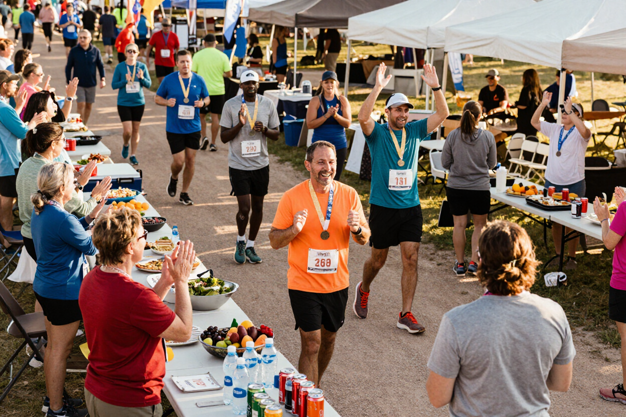 Runners celebrating at the post-race festival