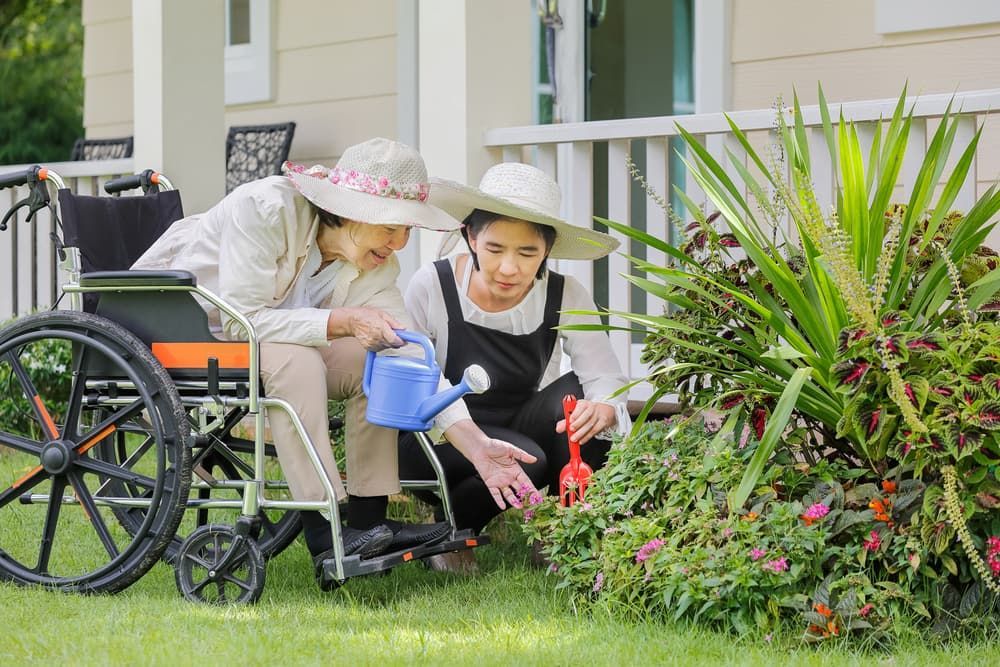 Two Women Gardening: One in a Wheelchair, Watering Flowers — Curtis Strata in Yamba, NSW