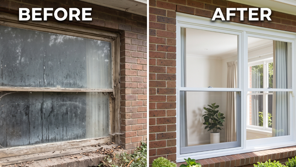 Before-and-after of a brick wall window: dirty, boarded window replaced with a clean white-framed window and plant indoors.