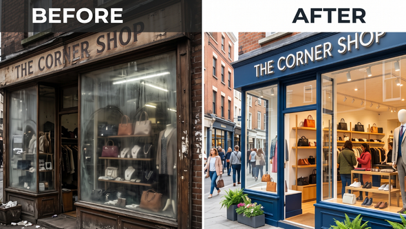 Before-and-after storefront makeover: weathered shop becomes bright blue corner shop with warm interior.